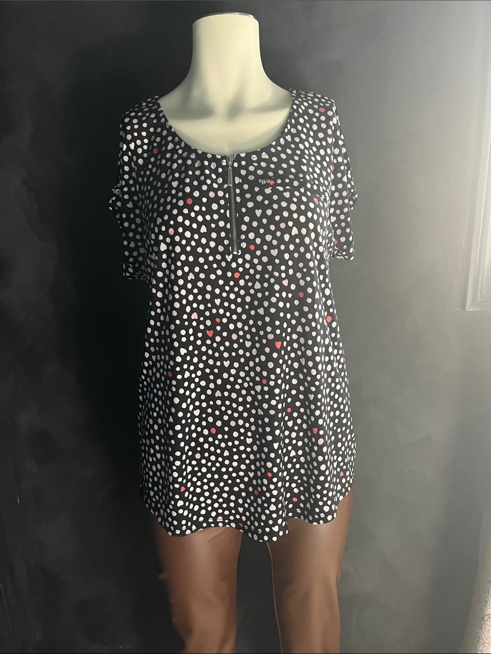 Black Polka Dot Short Sleeve Tee with Front Zip